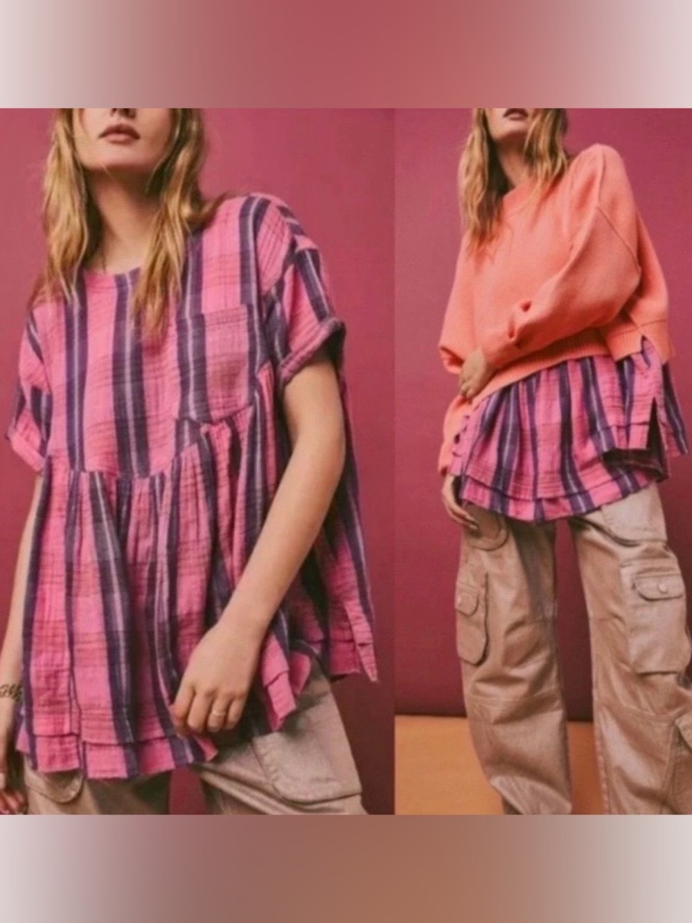 We The Free Pink and Purple Plaid Babydoll Top
